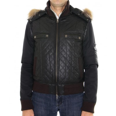 Leather  Male Jacket with Silver Fox Trimming & Detachable Hood and Sleeves. 